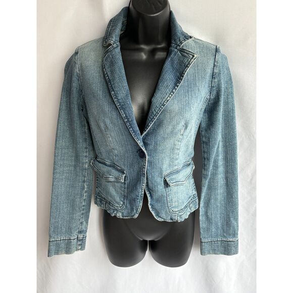 Wax Jean by DMBM Y2K Denim Blazer Jacket Size S Grunge 2000s Fitted Acid Wash - Picture 1 of 9